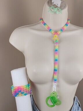 7pc rainbow glow choker cuff green binky & cord earrings nail art